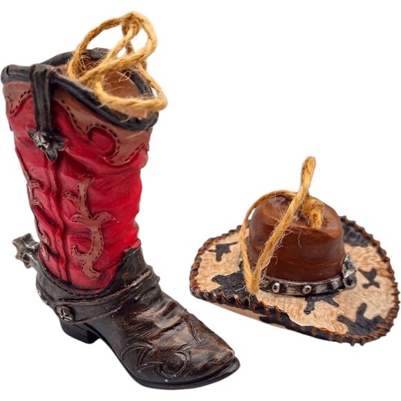 Cowboy Boot & Cowhide Hat Ornament Set Rustic Western Christmas Gift 3" Resin - Picture 1 of 6